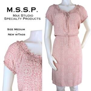 M.S.S.P Max Studio Sheath Dress Medium Pink Cream Floral Cottagecore Ruffled NEW